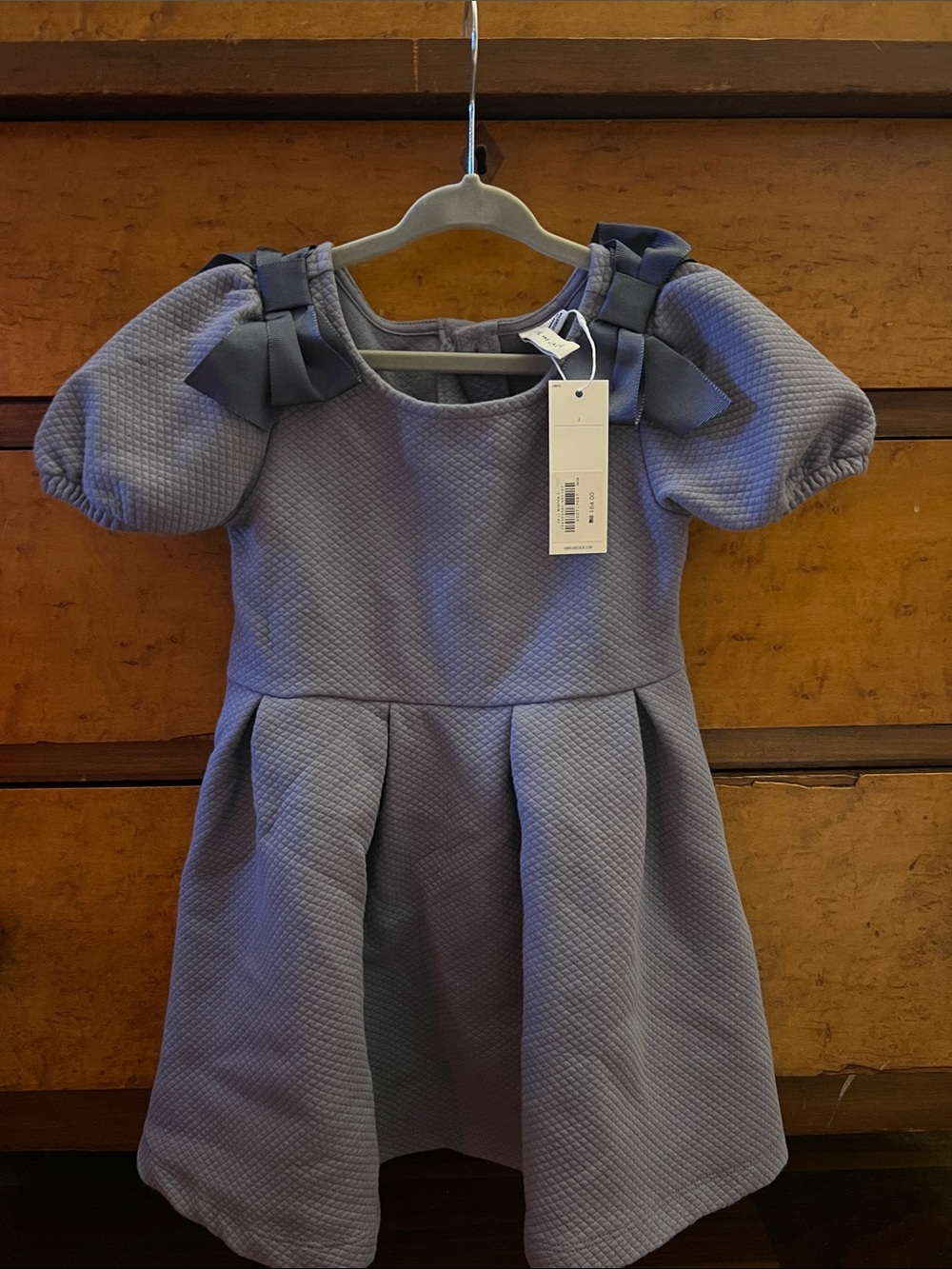 BNWT Janie and Jack Dusty Blue Textured Puff-Sleeve Dress with Shoulder Bows